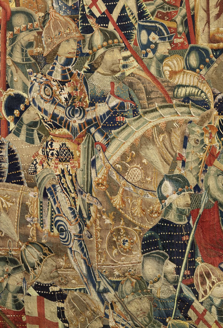 Kuvakudos, joka esittää Portugalin kuninkaan Alfonso V:n valloitukset (Conquistas de Alfonso V de Portugal), Tournaissa. Yksityiskohta. (villa ja silkki) tekijältä Flemish School
