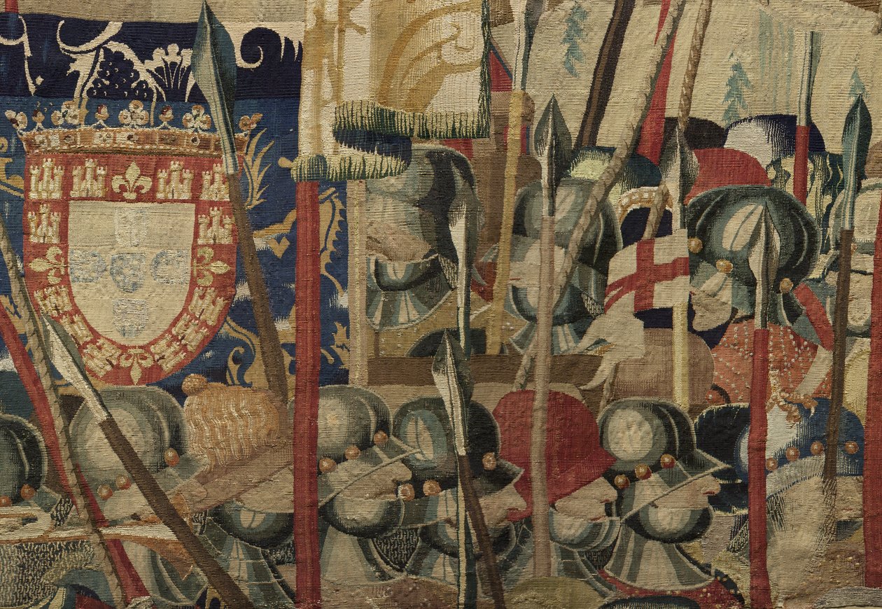 Kuvakudos, joka esittää Portugalin kuninkaan Alfonso V:n valloitukset (Conquistas de Alfonso V de Portugal), Tournaissa. Yksityiskohta. (villa ja silkki) tekijältä Flemish School