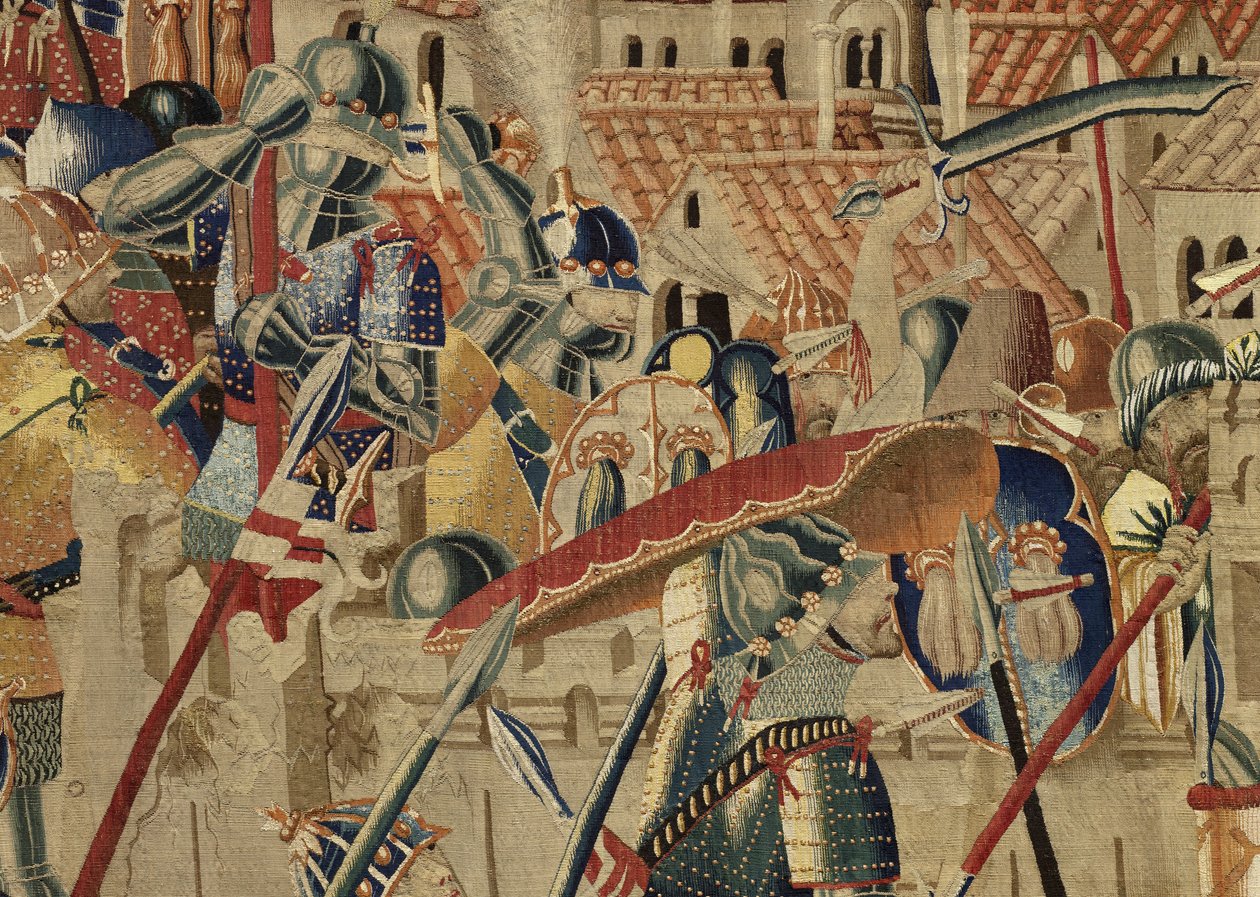 Kuvakudos, joka esittää Portugalin kuninkaan Alfonso V:n valloitukset (Conquistas de Alfonso V de Portugal), Tournaissa. Yksityiskohta. (villa ja silkki) tekijältä Flemish School