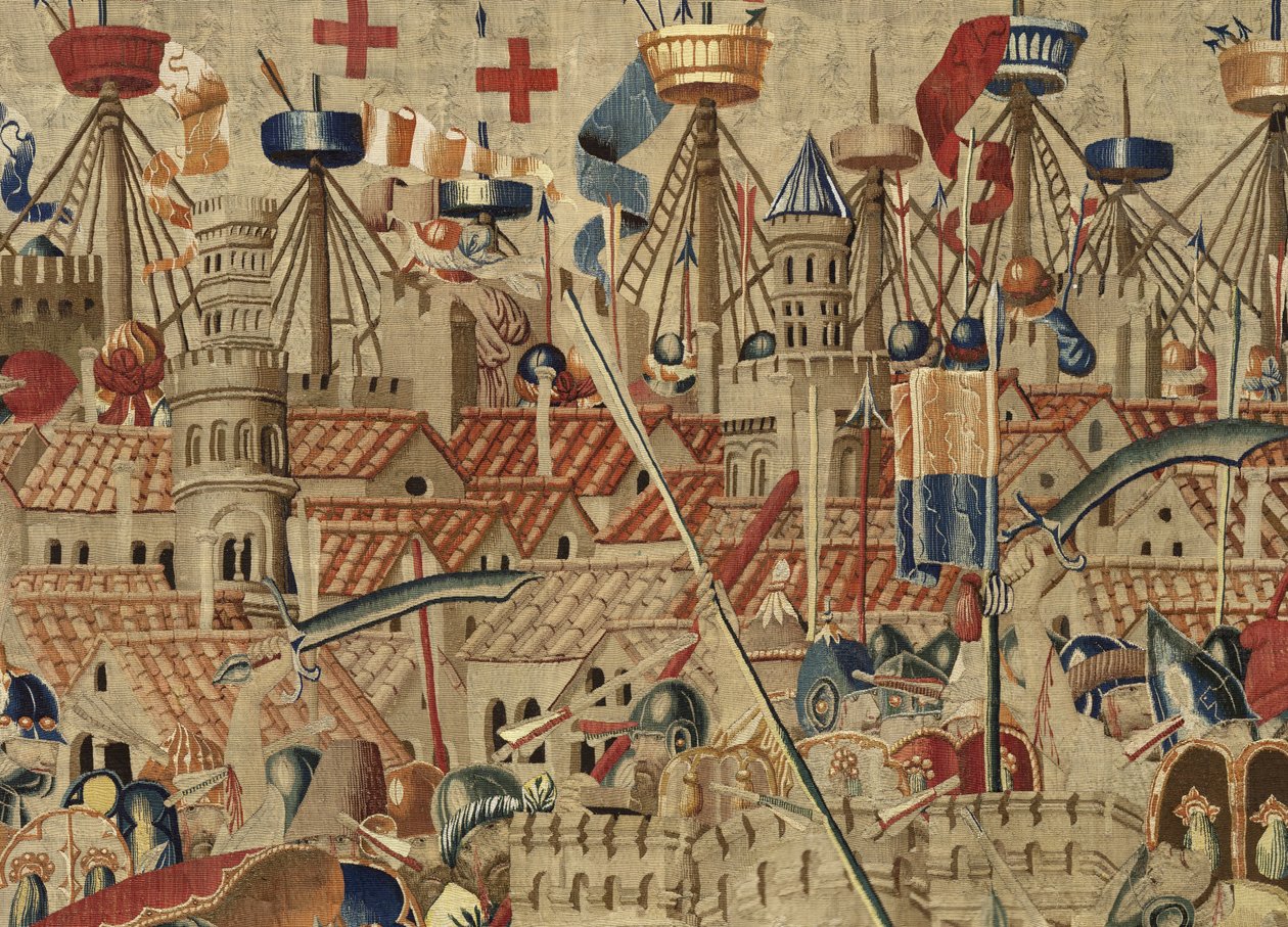 Kuvakudos, joka esittää Portugalin kuninkaan Alfonso V:n valloitukset (Conquistas de Alfonso V de Portugal), Tournaissa. Yksityiskohta. (villa ja silkki) tekijältä Flemish School
