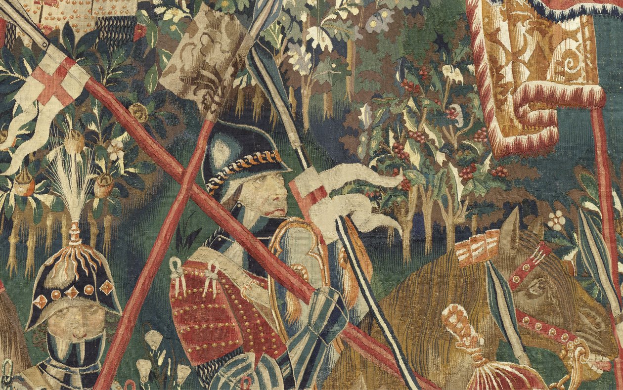 Kuvakudos, joka esittää Portugalin kuninkaan Alfonso V:n valloitukset (Conquistas de Alfonso V de Portugal), Tournaissa. Yksityiskohta. (villa ja silkki) tekijältä Flemish School