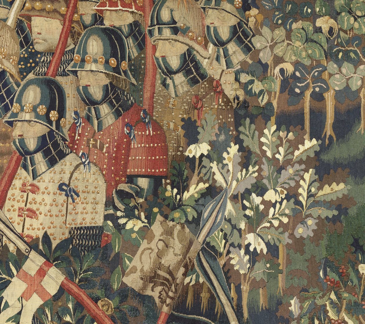 Kuvakudos, joka esittää Portugalin kuninkaan Alfonso V:n valloitukset (Conquistas de Alfonso V de Portugal), Tournaissa. Yksityiskohta. (villa ja silkki) tekijältä Flemish School