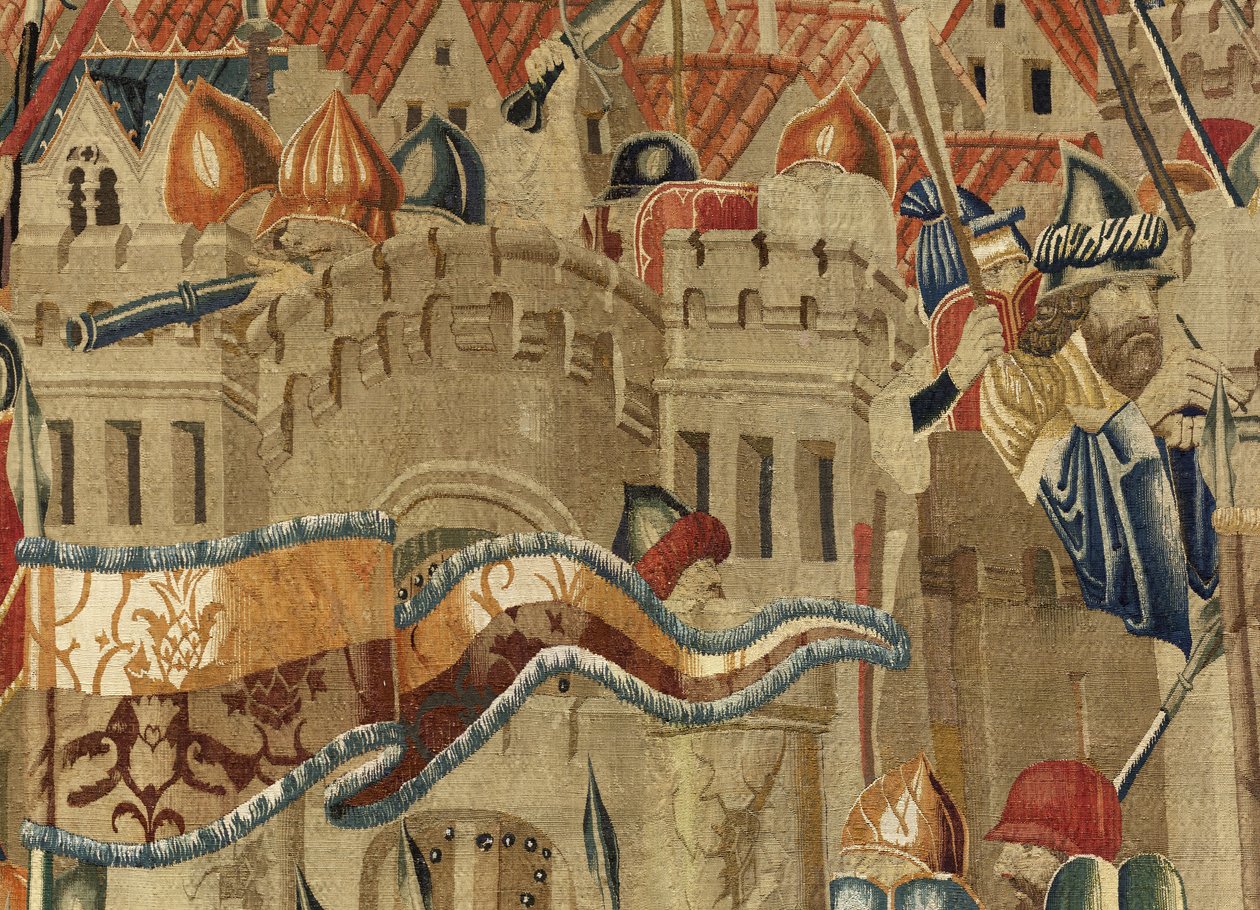 Kuvakudos, joka esittää Portugalin kuninkaan Alfonso V:n valloitukset (Conquistas de Alfonso V de Portugal), Tournaissa. Yksityiskohta. (villa ja silkki) tekijältä Flemish School