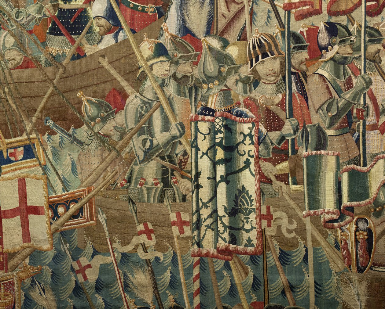 Kuvakudos, joka esittää Portugalin kuninkaan Alfonso V:n valloitukset (Conquistas de Alfonso V de Portugal), Tournaissa. Yksityiskohta. (villa ja silkki) tekijältä Flemish School