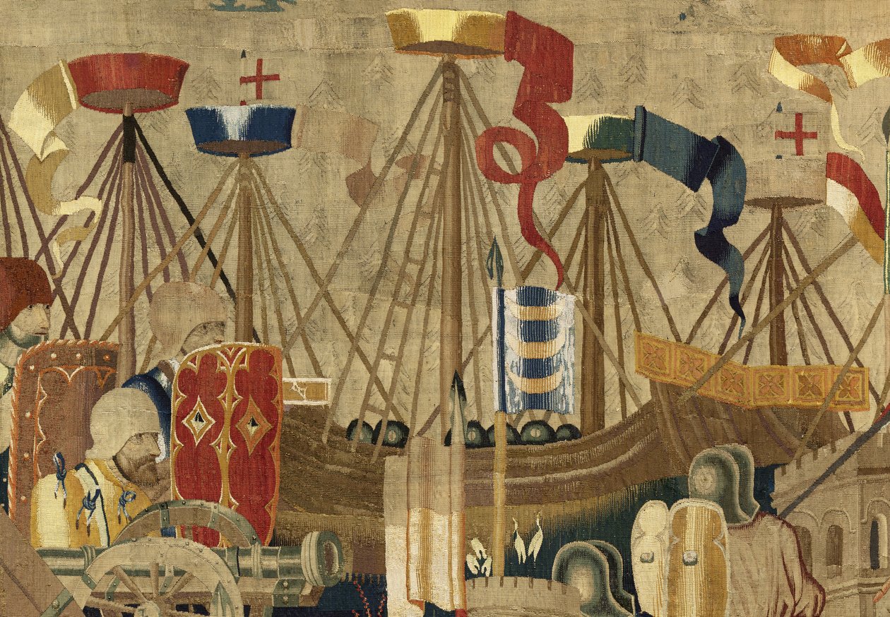 Kuvakudos, joka esittää Portugalin kuninkaan Alfonso V:n valloitukset (Conquistas de Alfonso V de Portugal), Tournaissa. Yksityiskohta. (villa ja silkki) tekijältä Flemish School