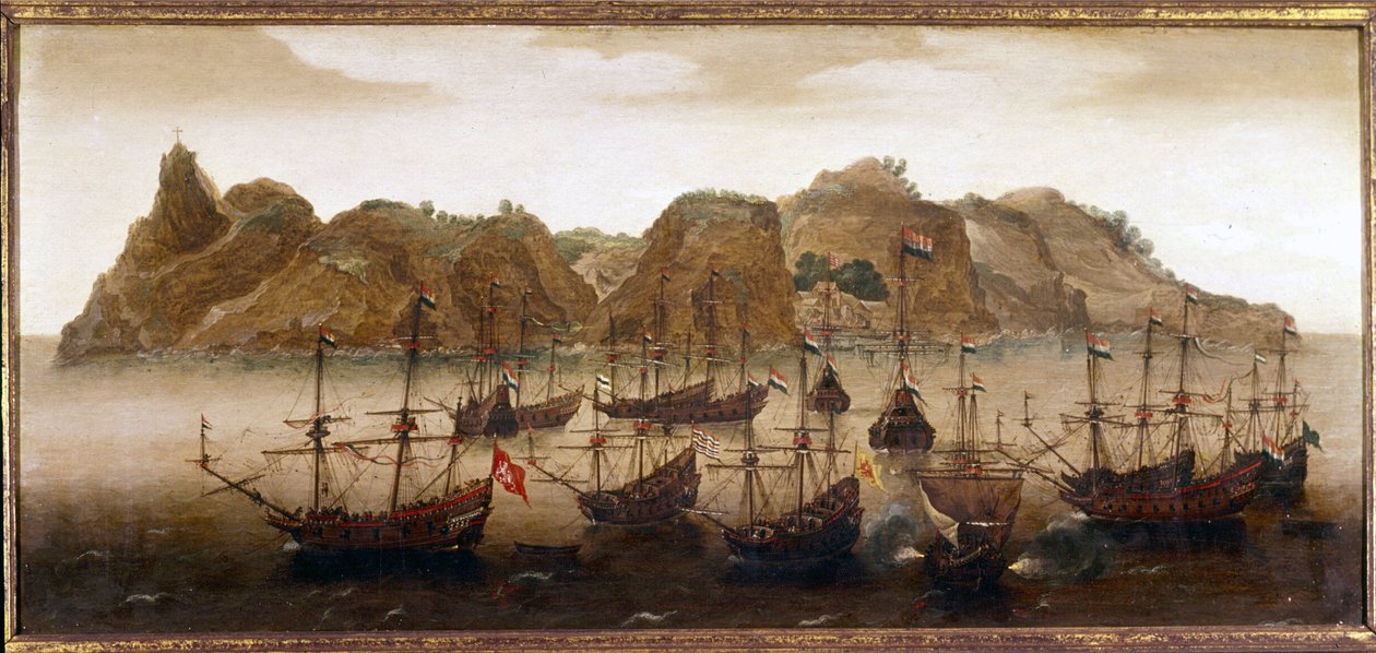 Hollannin laivasto St. Helenan saaren edustalla. Öljymaalaus. 17. vuosisata. Amsterdamin merimuseo tekijältä Flemish School