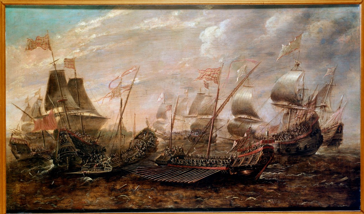 Invincible Armada -meritaistelu, jossa espanjalainen Armada voitti englantilaista laivastoa elokuussa 1588, flaamilainen koulu tekijältä Flemish School