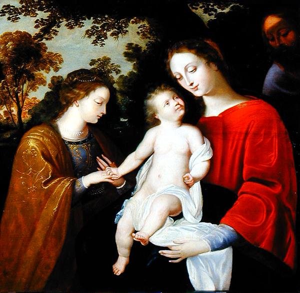 Pyhän Katariinan mystinen häät, n. 1625-1650 (öljy paneelille) tekijältä Flemish School