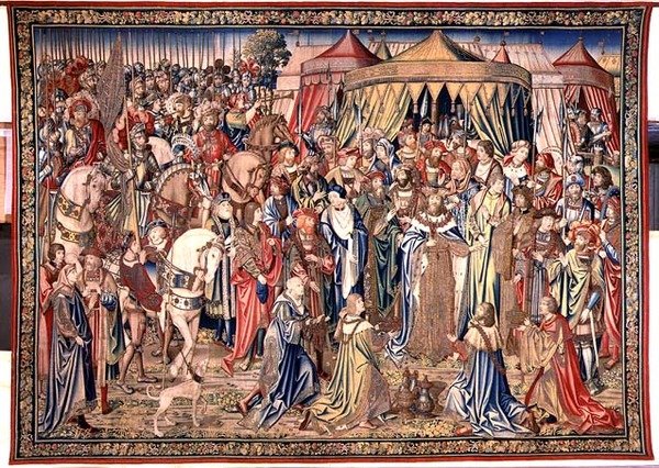 Kuninkaallisen arvomerkin esittely, Daavidin ja Batseban kuvakudos, n. 1510-1515 (kuvakudos) tekijältä Flemish School