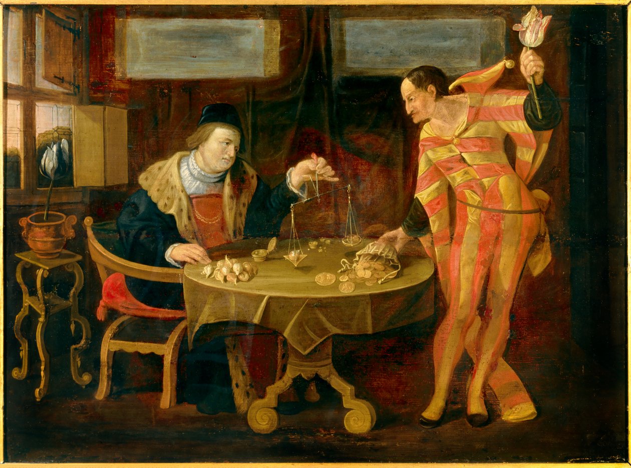 Tulppaanisipulien myynti 1600-luvun Flanderin koulun maalauksia. Aurinko 0,54x0,74 m Rennes, musee des Beaux Arts tekijältä Flemish School