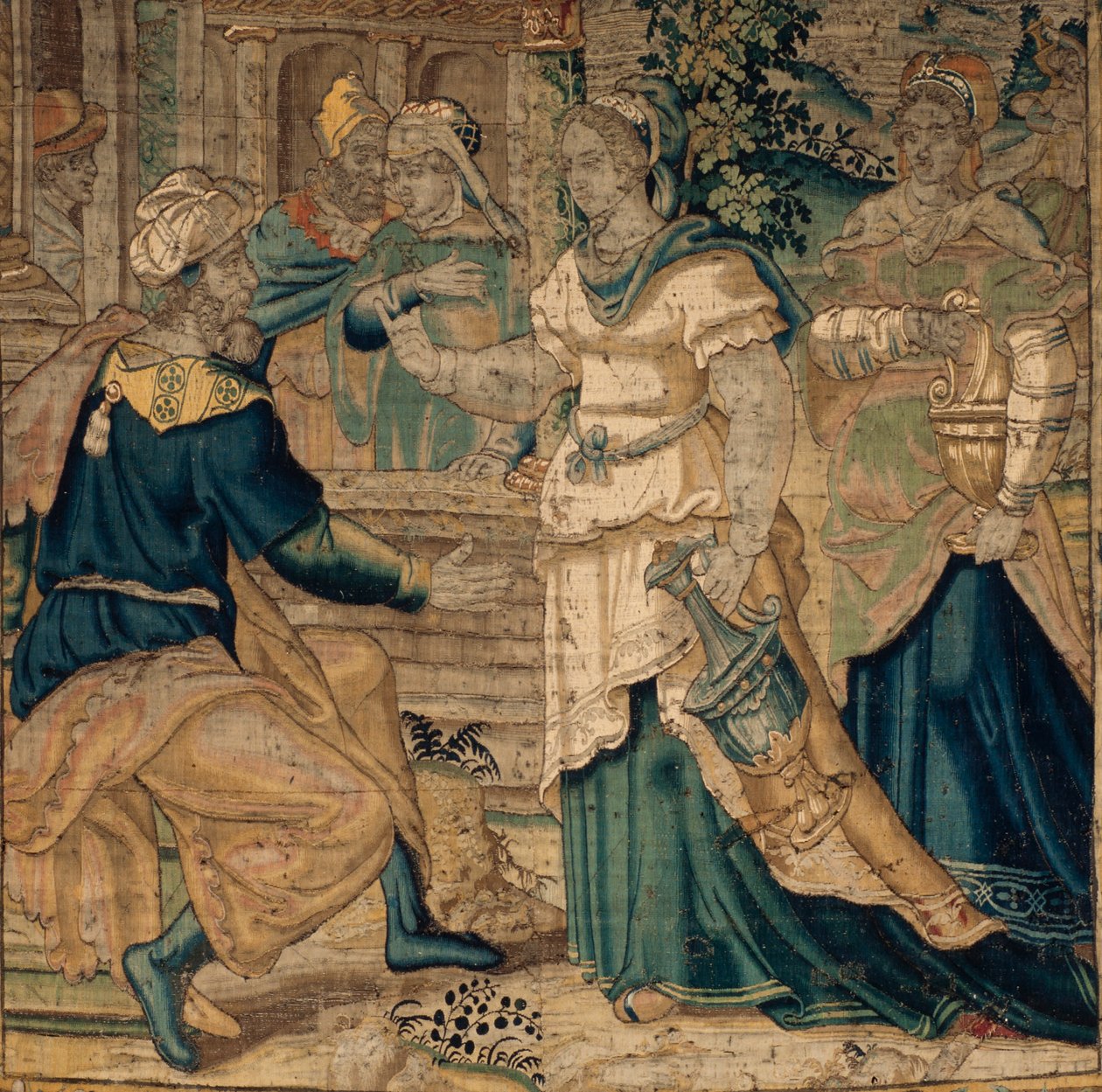 Yliopiston kokoelmat. Flanderin kuvakudos. Jetron tyttäret kertovat isälleen Mooseksen tapaamisesta. Yksityiskohta. Oudenaarde. Noin 1550. tekijältä Flemish School