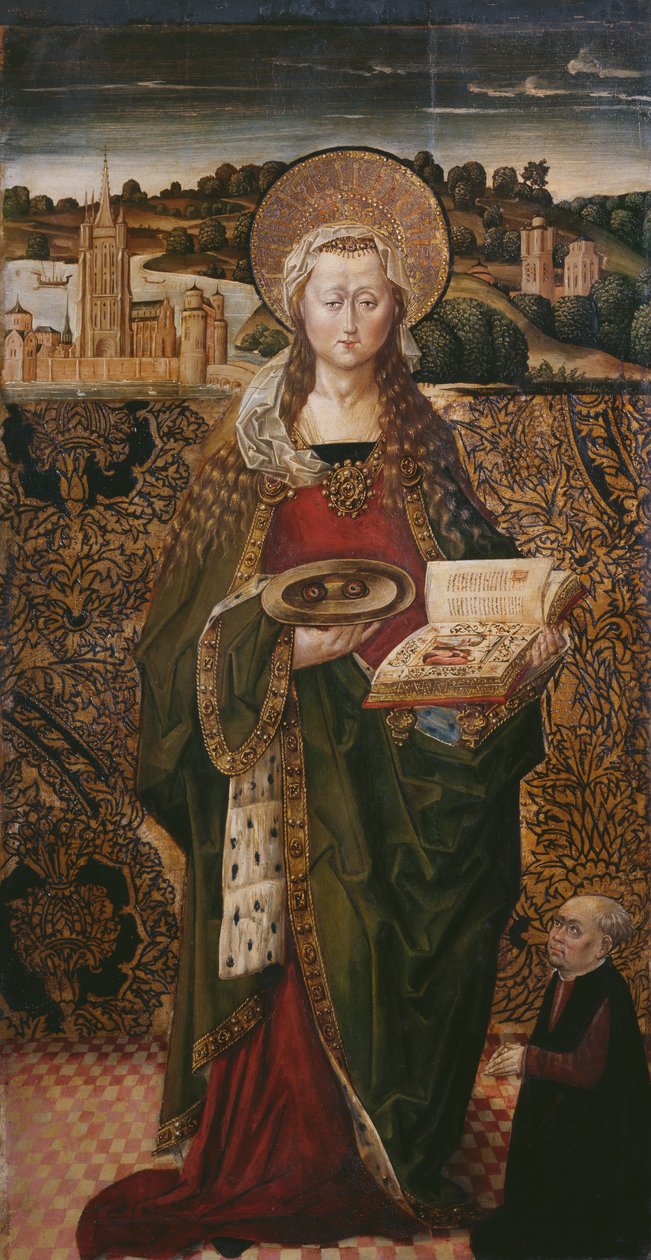 Triptyykki, St. Lucy, vasen paneeli (katso myös 345909, 345911) tekijältä Flemish School