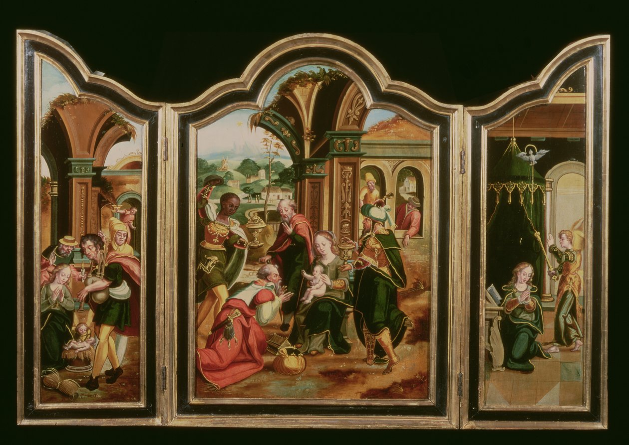 Triptyykki: The Adoration of the Magi (keskipaneeli), Annunciation (LH-paneeli), Adoration of the Shepherds (oikea paneeli) tekijältä Flemish School
