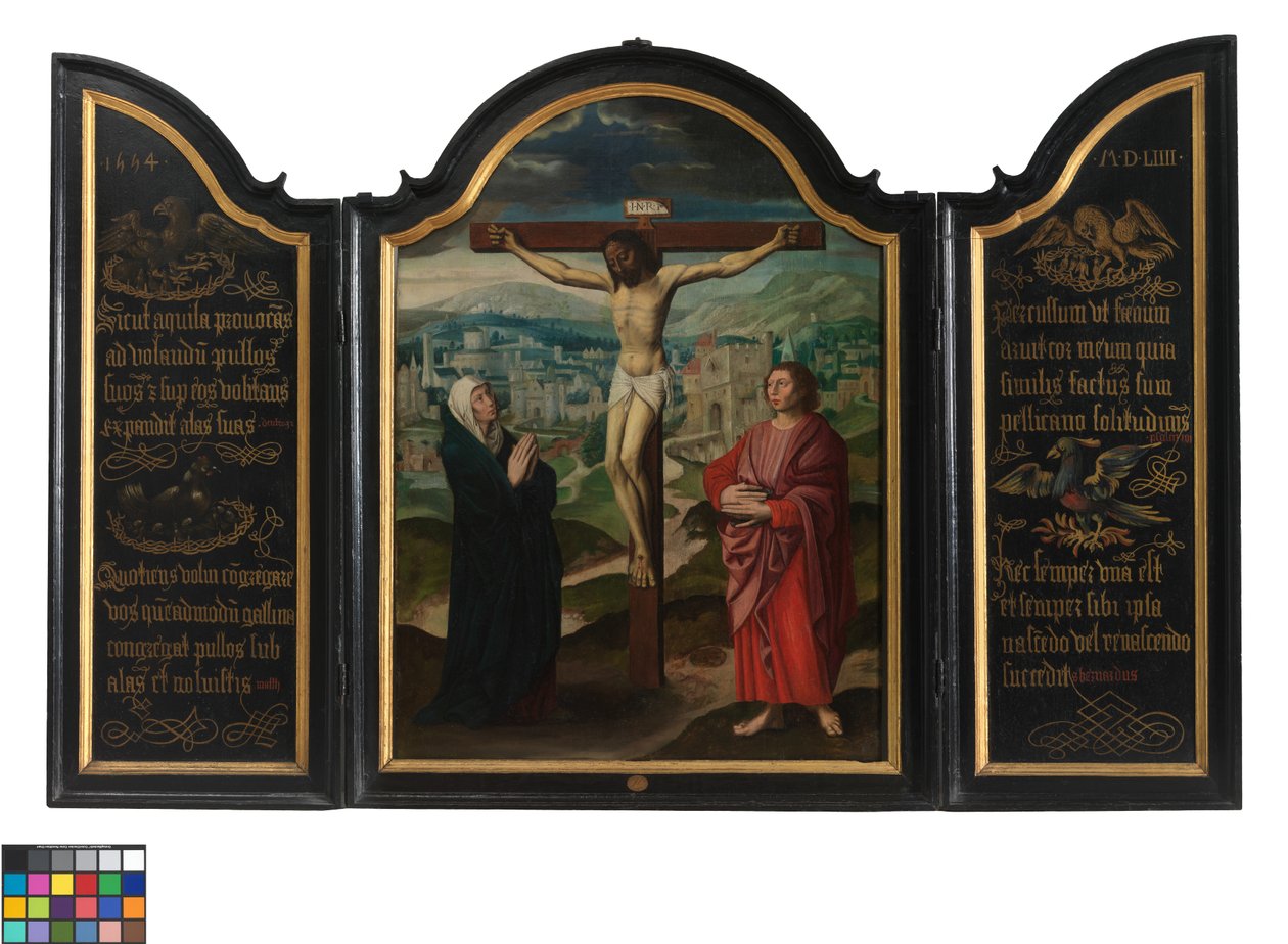 Triptyykki ristiinnaulitsemalla ja teksteillä (öljy paneelissa) tekijältä Flemish School