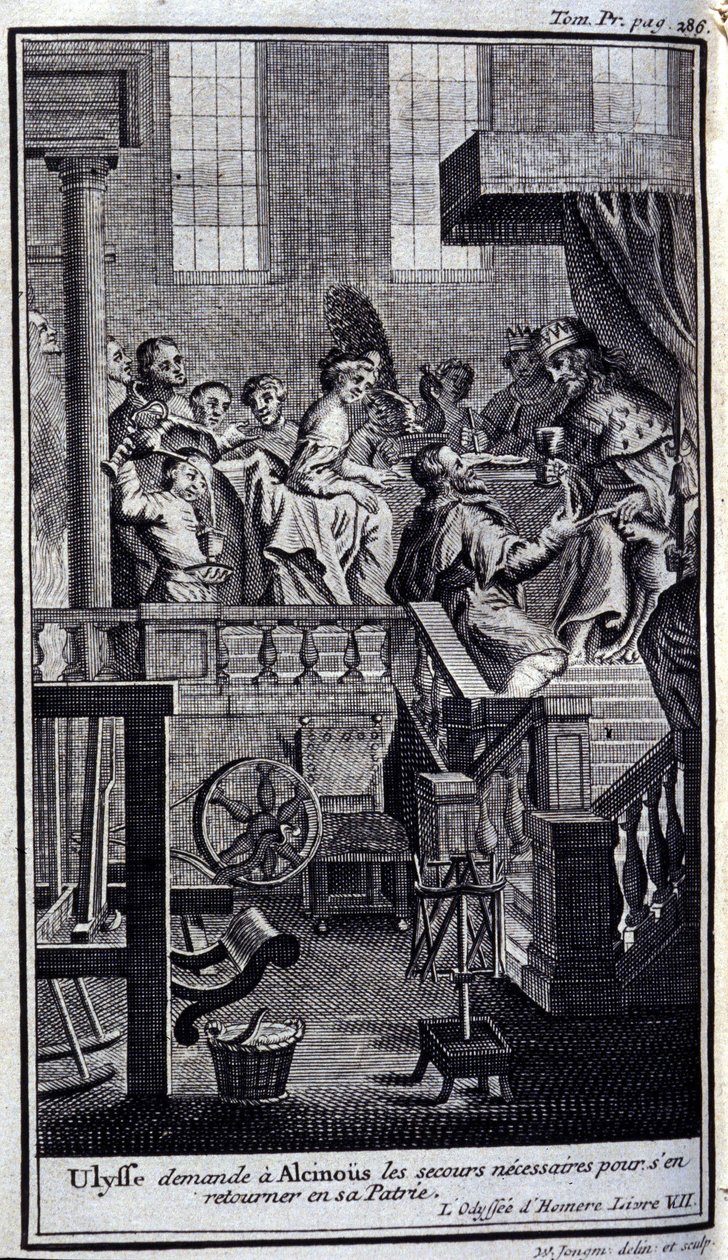 Ulysse pyytää Alcinousilta (Alcinoos) tarvittavaa apua palatakseen kotimaahansa. Kuvitus kirjaan VII Odyssee Homeren Odysseessa, Odysseessa, julkaistu Amsterdamissa vuonna 1731, Collection privee Milan. tekijältä Flemish School