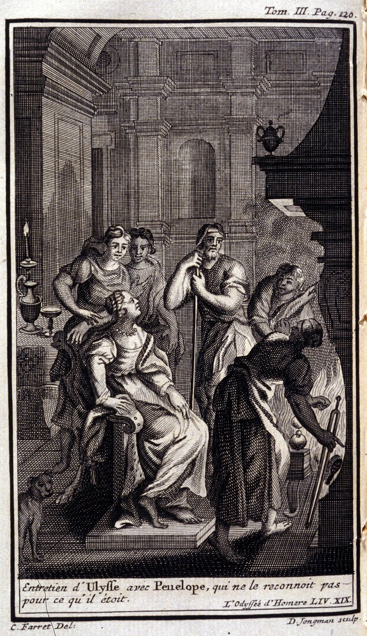 Ulysses haastatteli Penelopea, joka ei tunnista häntä siitä, mikä hän oli. Liustaatio kirjaan XIX Odyssee of Homeren Odysseessa, joka julkaistiin Amsterdamissa vuonna 1731, Collection privee Milan. tekijältä Flemish School