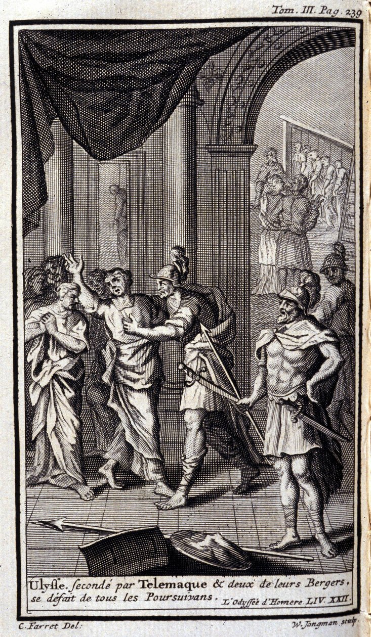 Telemaquen toinen Ulysses ja kaksi heidän paimentaan hajoittivat kaikki takaa-ajajat. Lustraatio XXII-kirjalle Odyssee of Homere, Odysseessa, julkaistu Amsterdamissa vuonna 1731, Collection privee Milan. tekijältä Flemish School