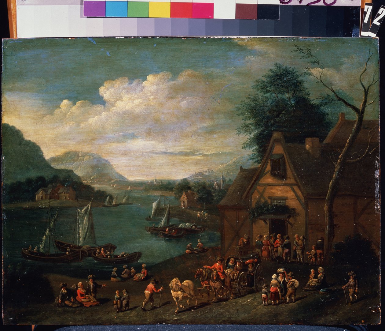 Taverna meren rannalla. Flanderin mestarin maalaus, öljy puulle, 30 x 35 cm. Flanderin koulu 1500-1700-luvulla. Valtionmuseo Arkhangelskoye Estate, Moskova. tekijältä Flemish School