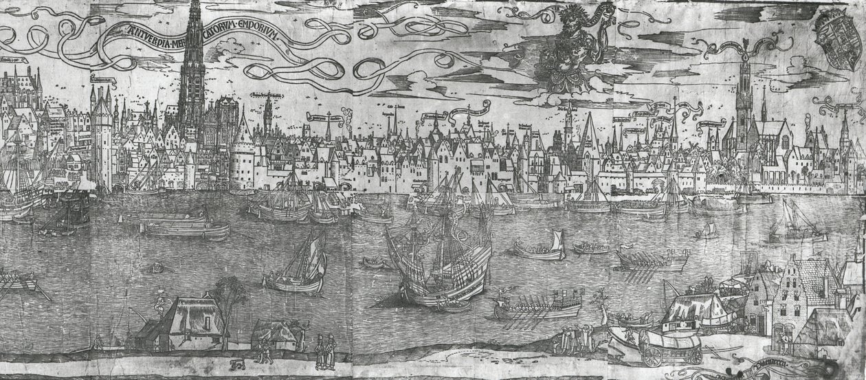 Näkymä Antwerpenin satamasta, yksityiskohta oikeanpuoleisesta osasta, 1515-50 tekijältä Flemish School