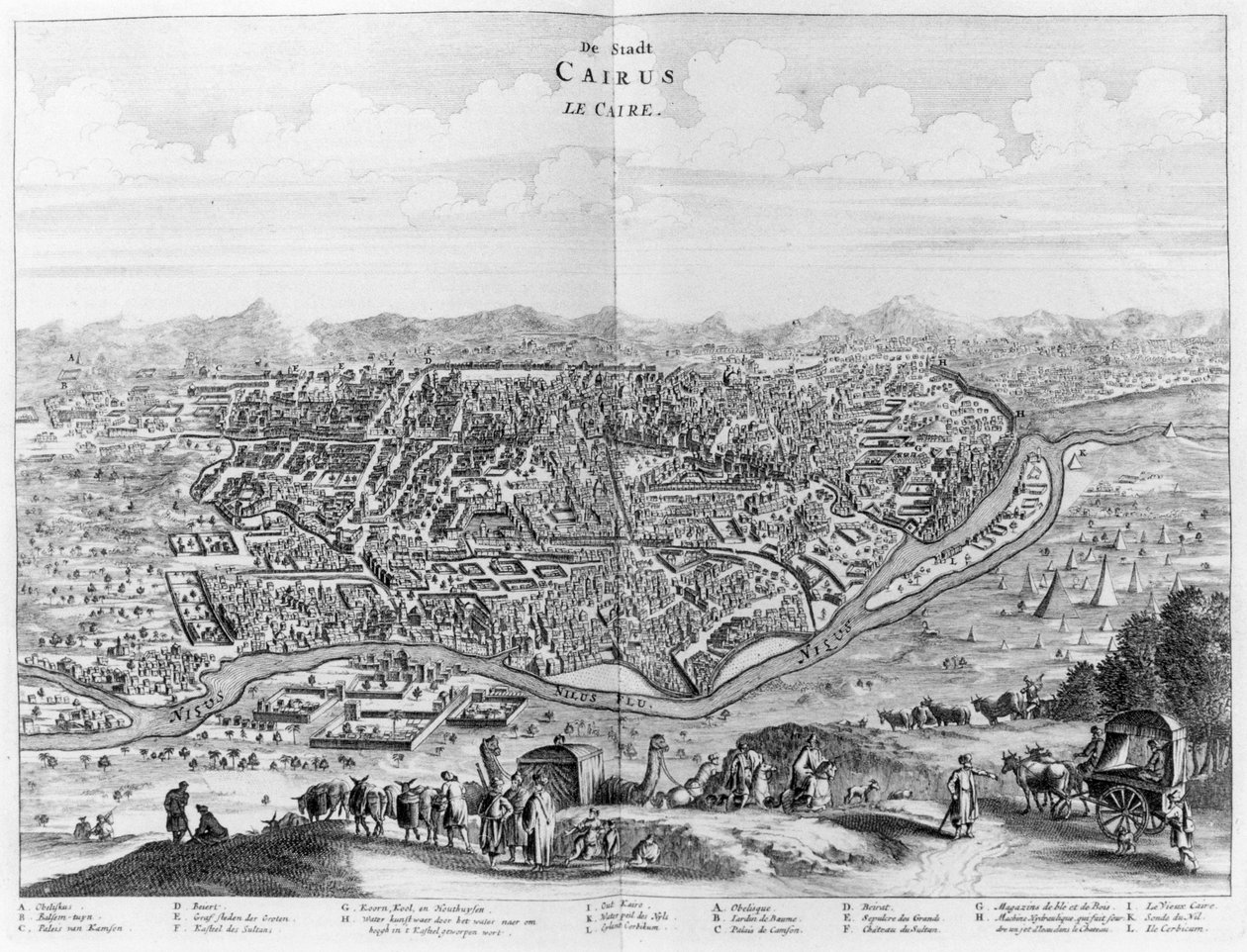 Näkymä Kairoon Niilin länsirannalta, O. Dapperin Description de lAfrique, käännetty flaamin kielestä, julkaistu 1686 tekijältä Flemish School