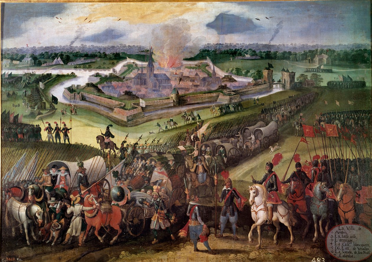 Sota Alankomaita vastaan: "" Näkymä Ardresin kaupunkiin"": Itävallan arkkiherttua Albert valtasi kaupungin vuonna 1596. Flanderin koulun maalaus 1600-luvulta. Real Monasterio de El Escorial, El Escorial, Espanja - Sota Alankomaita vastaan: Näkymä tekijältä Flemish School