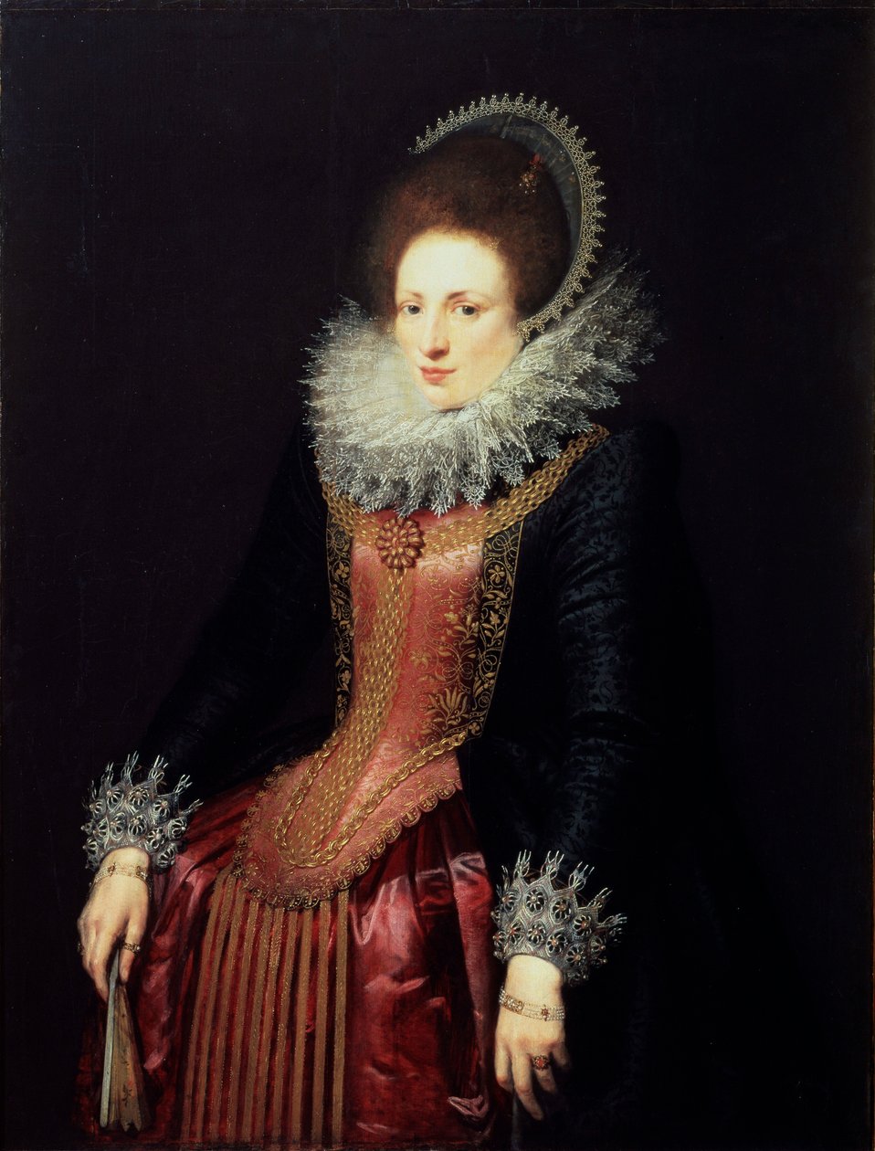 "Naisen muotokuva tuulettimen kanssa", 1610-luku tekijältä Flemish master