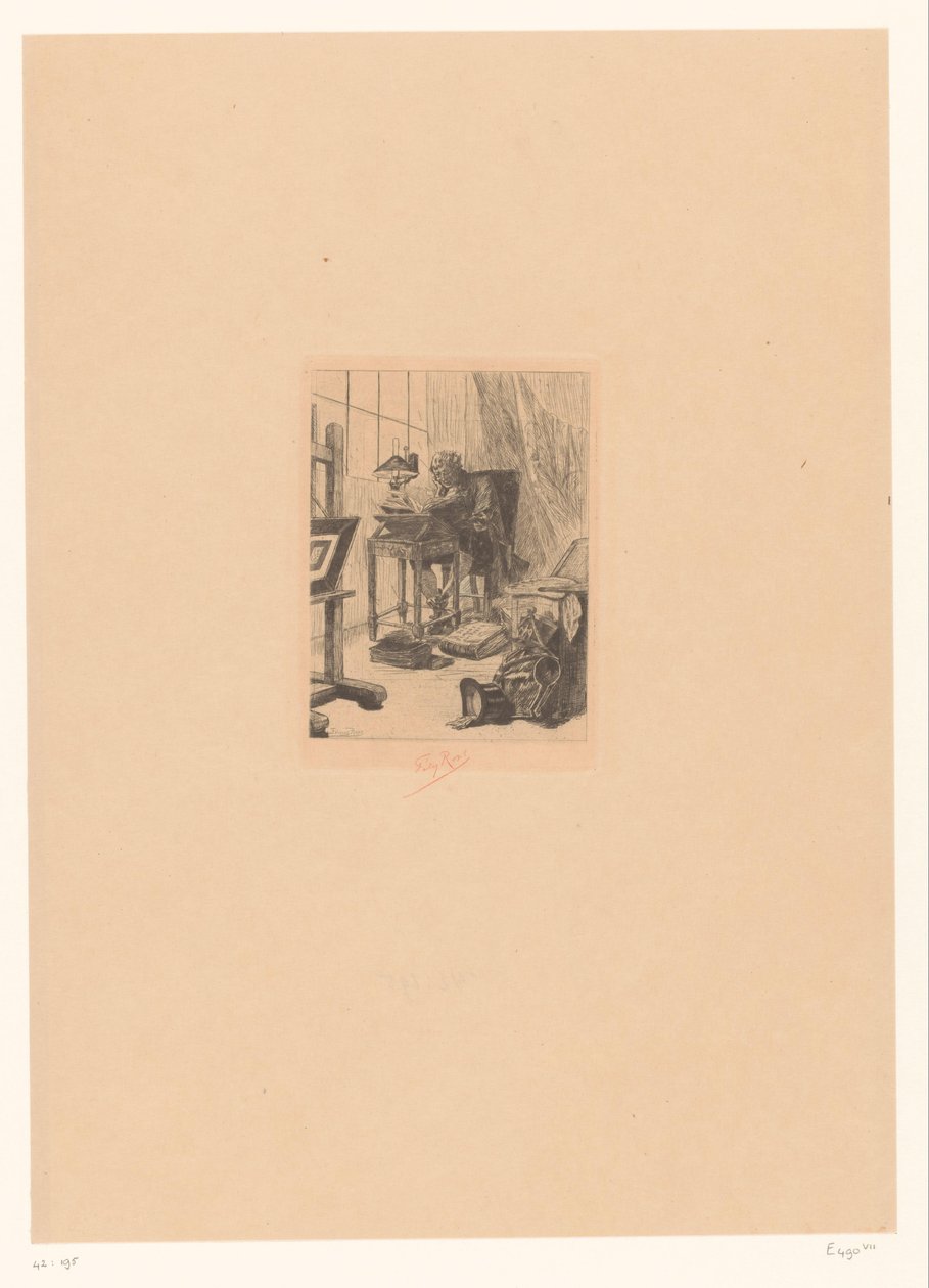 Oude man leest in een studerkamer Nykytaide Grimoiren lukeminen Menneen vuoden bibliofiili tekijältä Félicien Rops (signed by artist)
