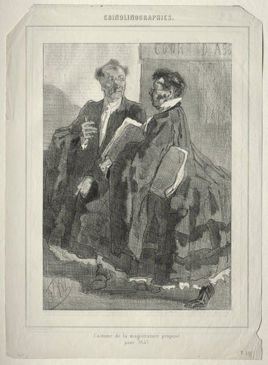 Krinolinografiat. Tuomaripuku ehdotettu vuodelle 1857. tekijältä Félicien Rops