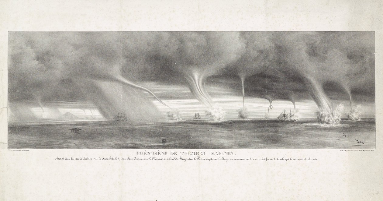 Waterhozen op zee bij Sisiliassa, 1827 Vesinokkailmiö, havaittu Sisilian merellä Strombolin näköpiirissä, 27. kesäkuuta 1827 (otsikko esineessä) tekijältä Félix Achille Beaupoil Saint Aulaire