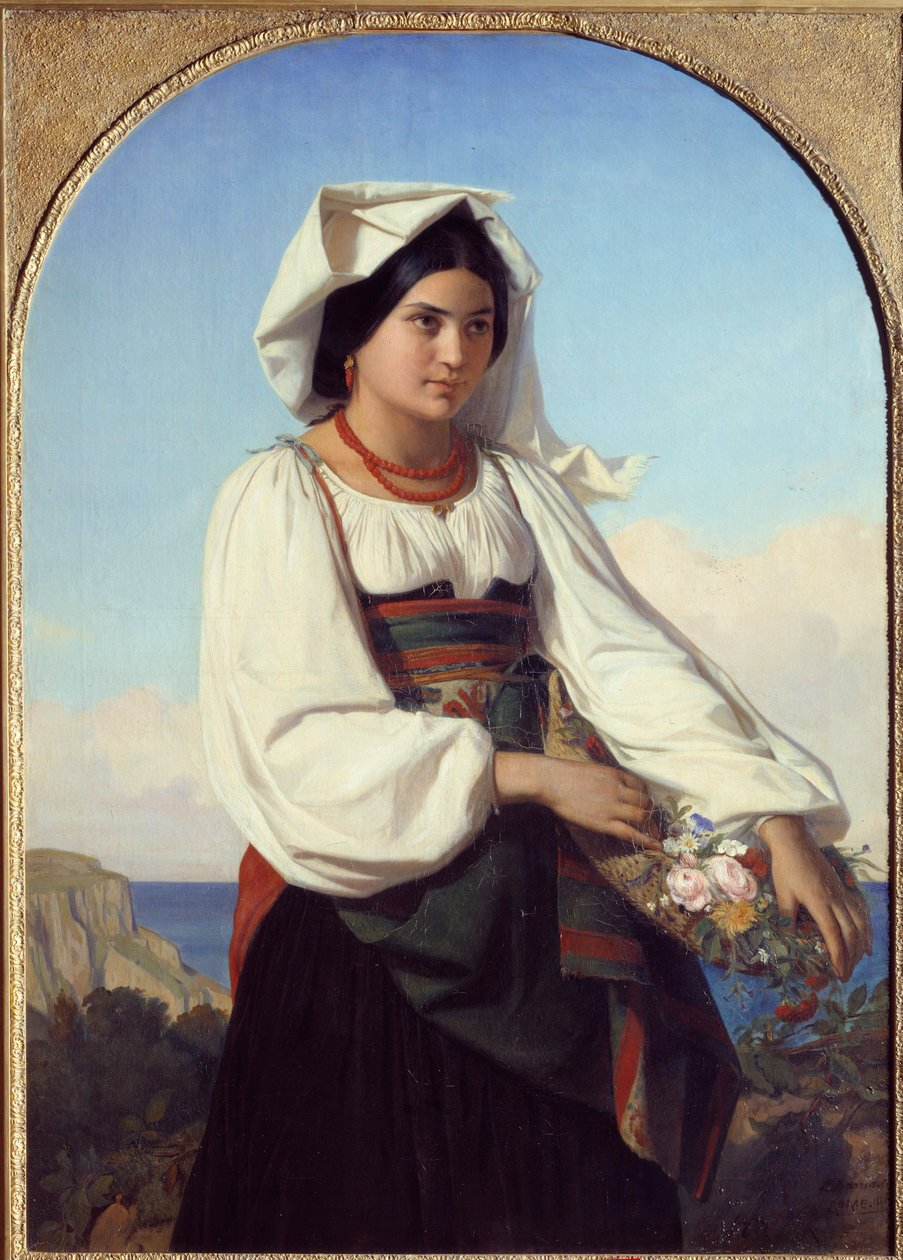 Kukkia pukeutunut nuori tyttö Felix Joseph Barriasin (1822-1907) maalaus 1846 Nantes, Musee des Beaux Arts tekijältä Félix Joseph Barrias