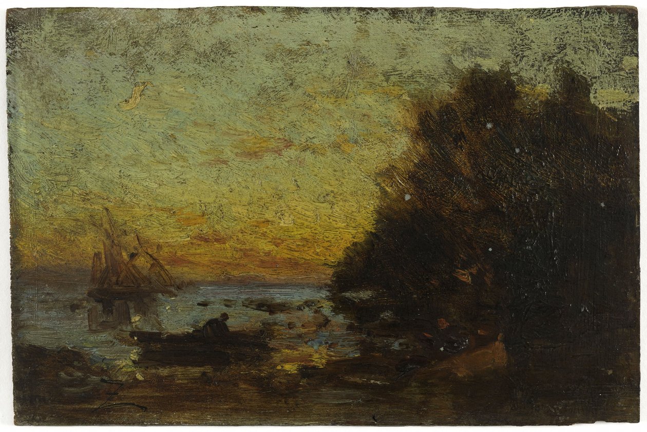 Vene ja purjeveneitä, auringonlasku. Kääntöpuolella: 1850-1860 (öljy puulle). tekijältä Félix Ziem