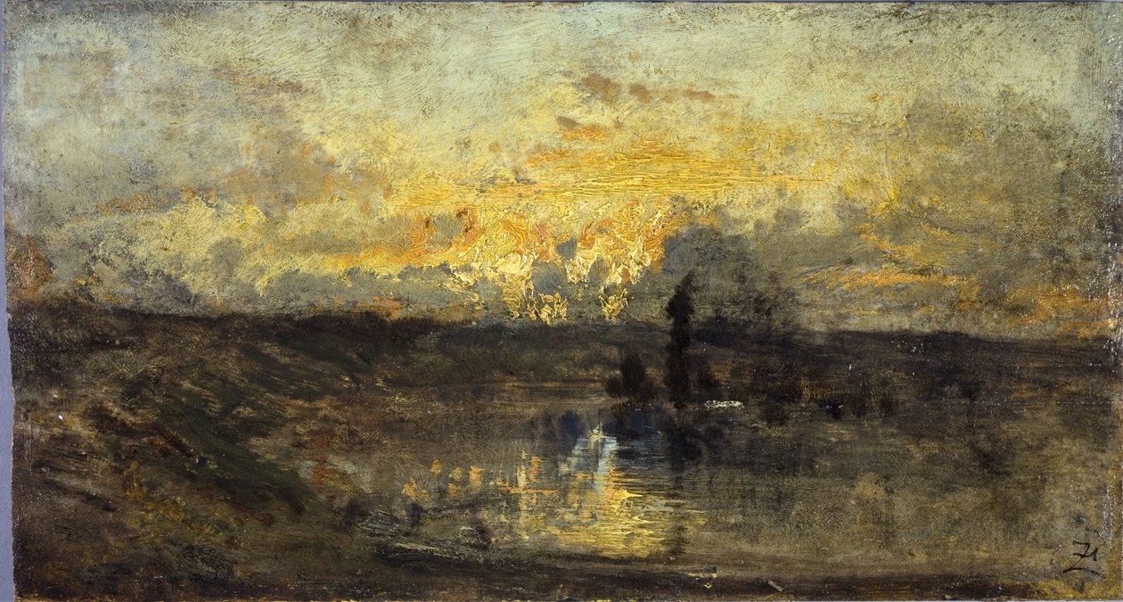 Jokikäännös (edessä); kolme opusta (takana), vuosina 1850-1860 (öljy puulle). tekijältä Félix Ziem