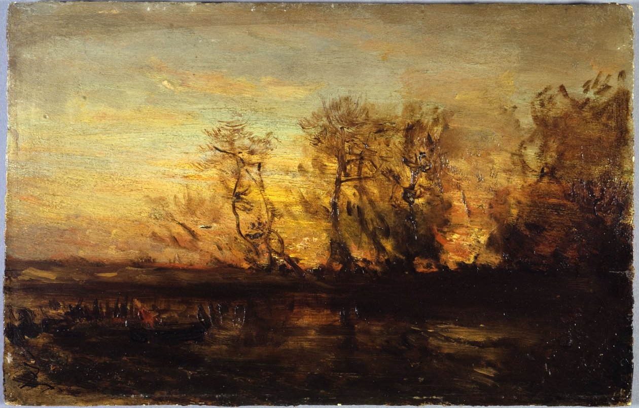 Auringonlasku, vuosien 1850 ja 1860 välillä (öljy pahville ja puulle). tekijältä Félix Ziem