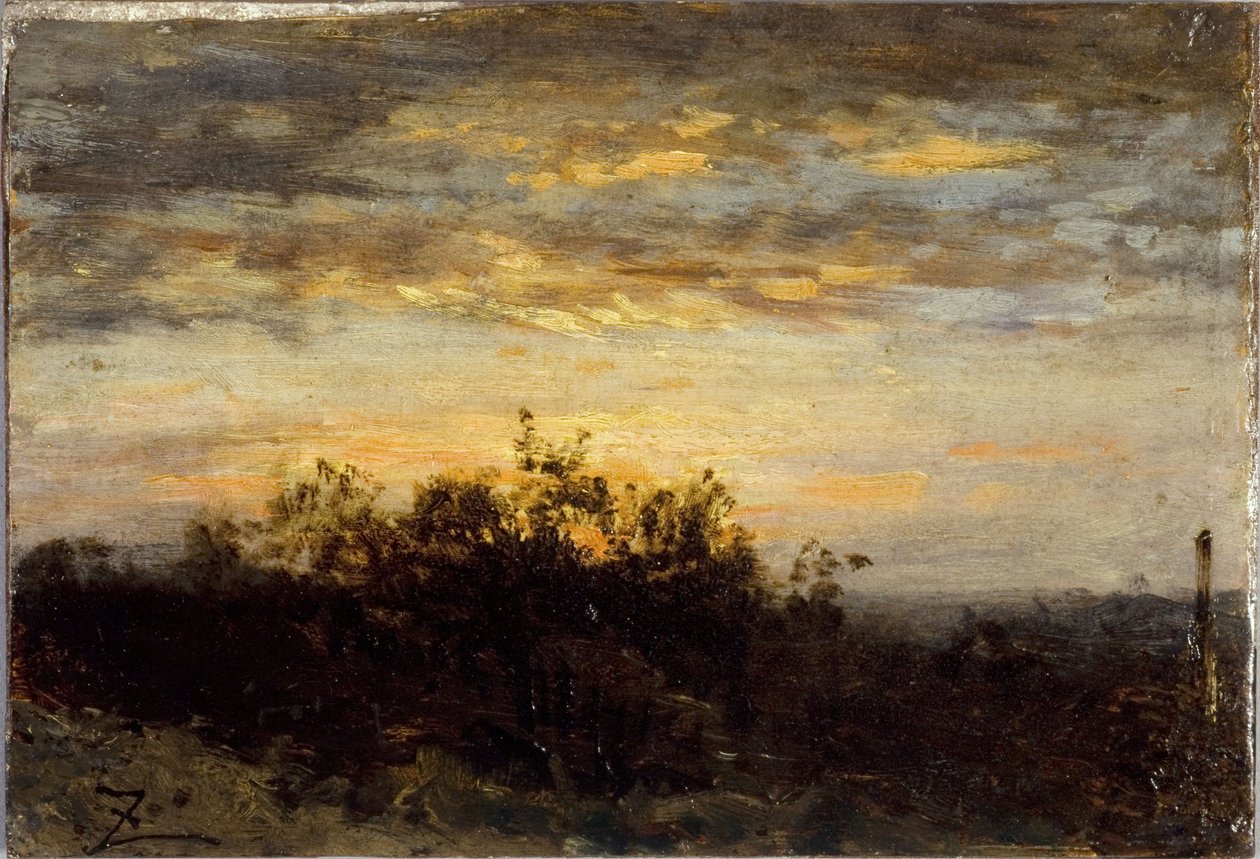 Auringonlasku, vuosien 1850 ja 1860 välillä (öljy puulle). tekijältä Félix Ziem
