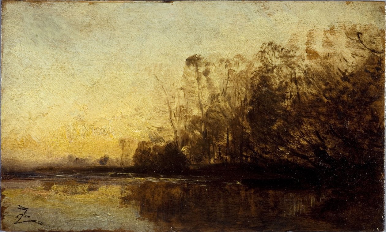 Auringonlasku, vuosien 1850 ja 1860 välillä (öljy puulle). tekijältä Félix Ziem