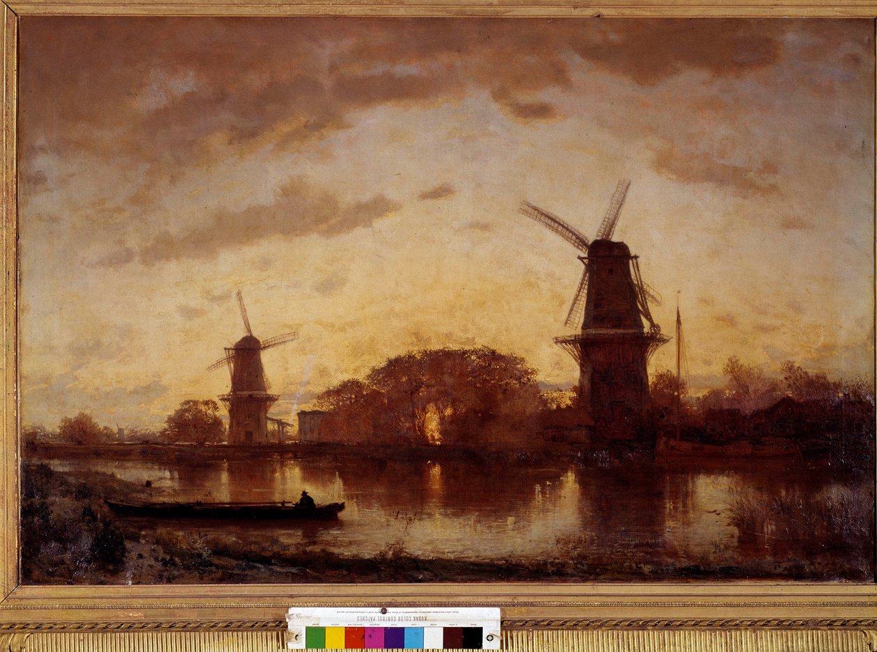 Amstel-joen rantamaisema ja myllyt Alankomaissa. Felix Ziemin (1821-1911) maalaus. 1852. Aurinko 1,01 x 1,50 m. Bordeaux, Kuvataidemuseo tekijältä Félix Ziem