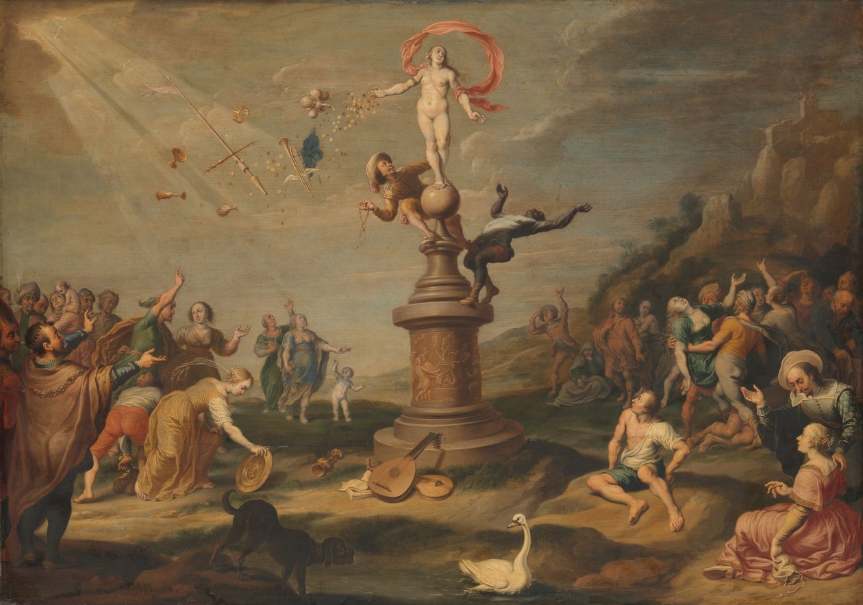 Fortuna lahjoittaa lahjoja, n.1645 (öljy paneelille) tekijältä Floquet or Flocket Simon Flocquet