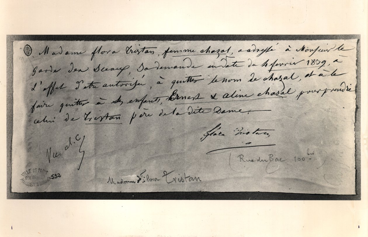 Flora Tristanin (1803-44) nimikirjoituksella varustettu kirje Ranskan oikeusministerille, jossa vaaditaan avioeroa, 4. helmikuuta 1839 tekijältä Flora Tristan