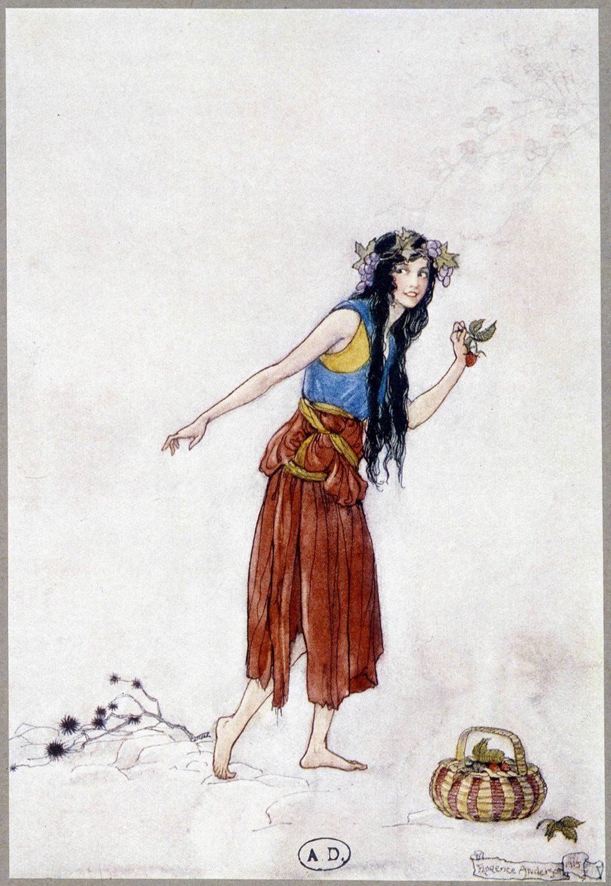 Nuori tyttö lumessa mansikan kanssa, Fiona Malcomin "My Fairyland", kuvitus Florence Anderson tekijältä Florence Anderson