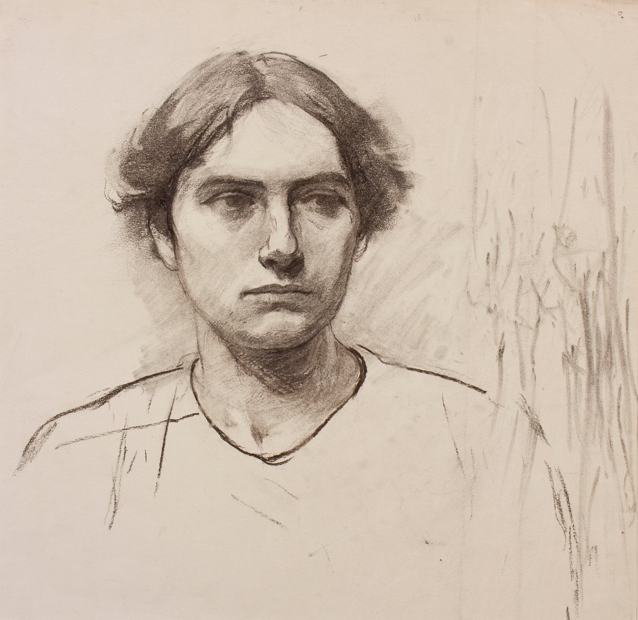 Taidekoulun mallin pää, noin 1900 (hiili paperille). tekijältä Florence Eleanor Shepard