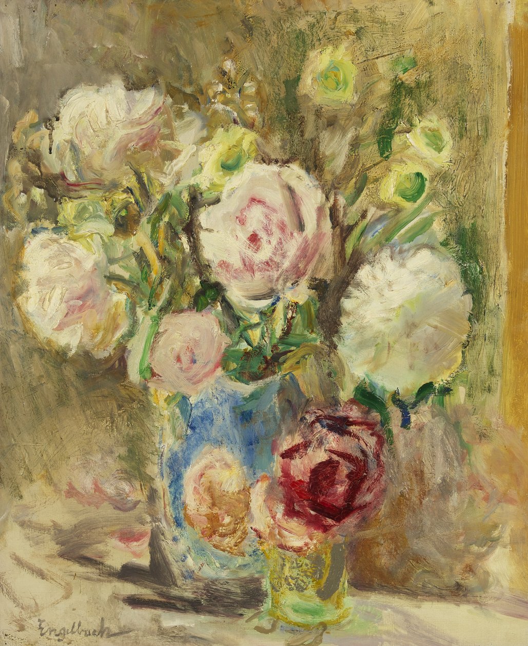 Ruusut ja pionit, n. 1936 (öljy kankaalle) tekijältä Florence Engelbach