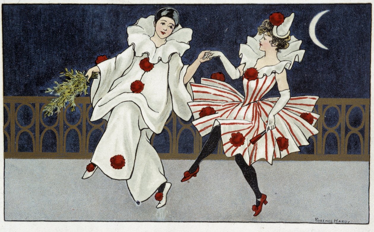 Pierrot ja Colombine tanssivat kuunvalossa - dess. kirjoittanut Florence Hardy, deb. 20. vuosisata tekijältä Florence Hardy