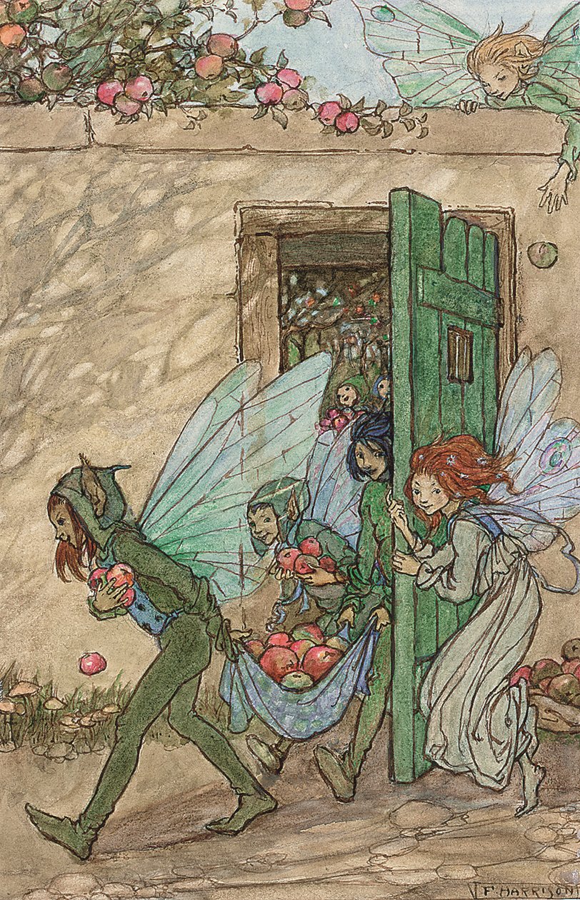 Kuvitus Elfin Songiin (lyijykynä, ruskea muste ja vesiväri). tekijältä Florence Harrison