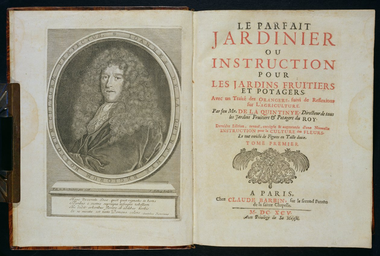 Nimisivu ja muotokuva kirjailijasta, Le Parfait Jardinier, ou Instruction pour les Jardins Fruitiers et Potager, Jean de la Quintinye, julkaistu 1695 tekijältä Florent Richard de Lamarre