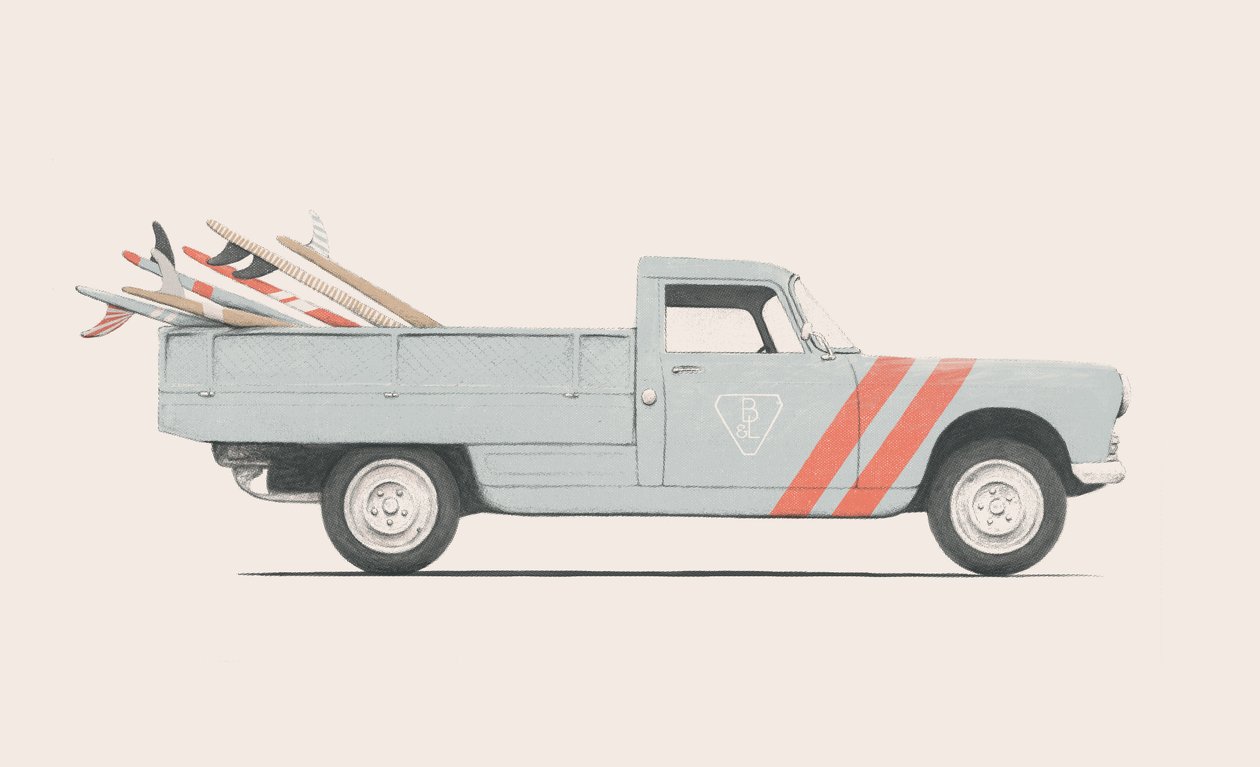 Noutoauto lainelaudoilla, 2019 (lyijykynä, digitaalinen) tekijältä Florent Bodart