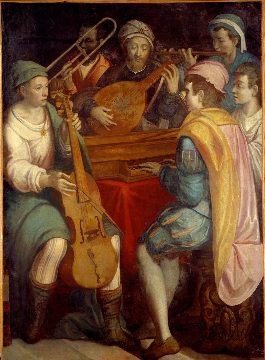 Konsertti Luuttomuusikot, epinette, pasuuna ja viola de gamba. Anonyymi maalaus Firenzen koulusta 1550-1600. Aurinko 1,8x1,3 m tekijältä Florentine School
