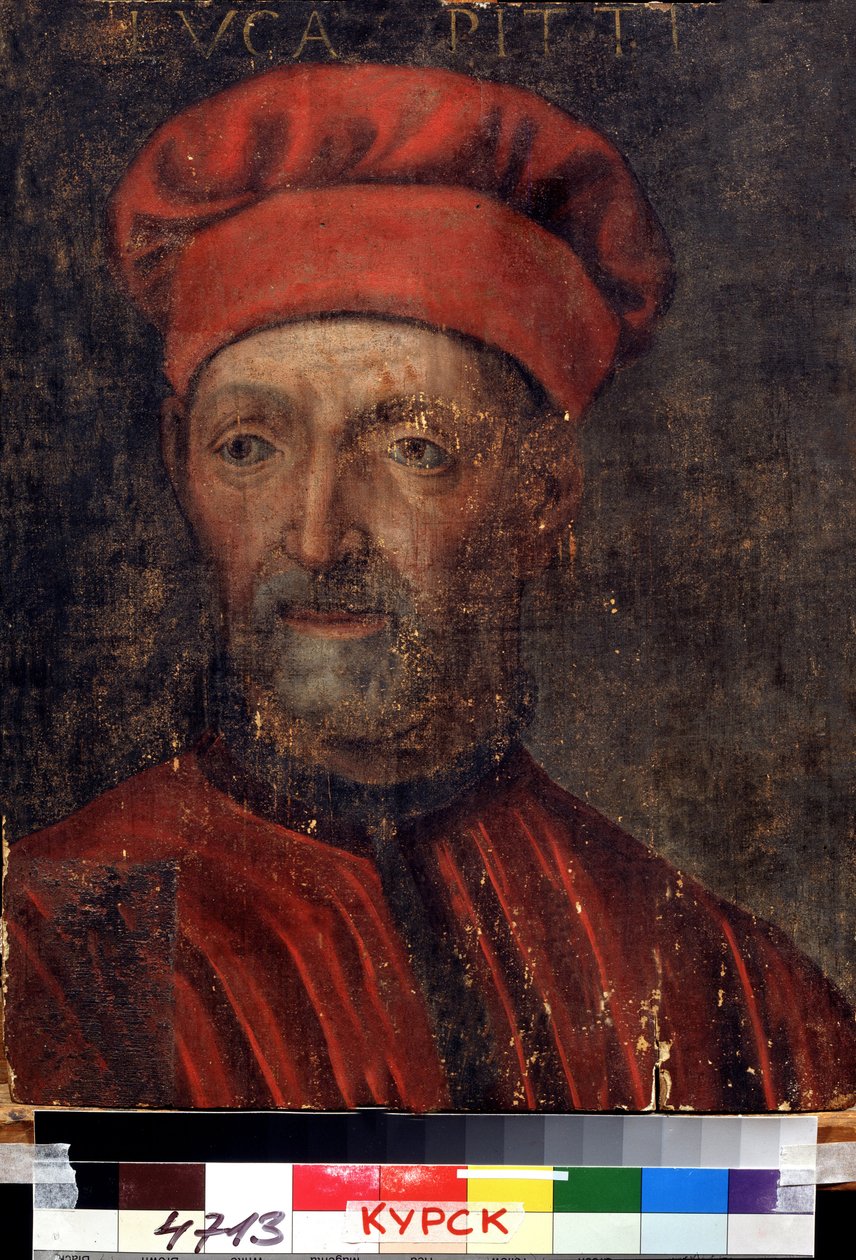 ""Varaan firenzeläisen pankkiirin Luca Pittin (1394-1472) muotokuva"" Hän antoi nimensä Pitti palazzolle) Firenzeläisen koulun maalaus 1500-luvun alusta Alueellinen Deineka-taidegalleria, Kursk Venäjä tekijältä Florentine School