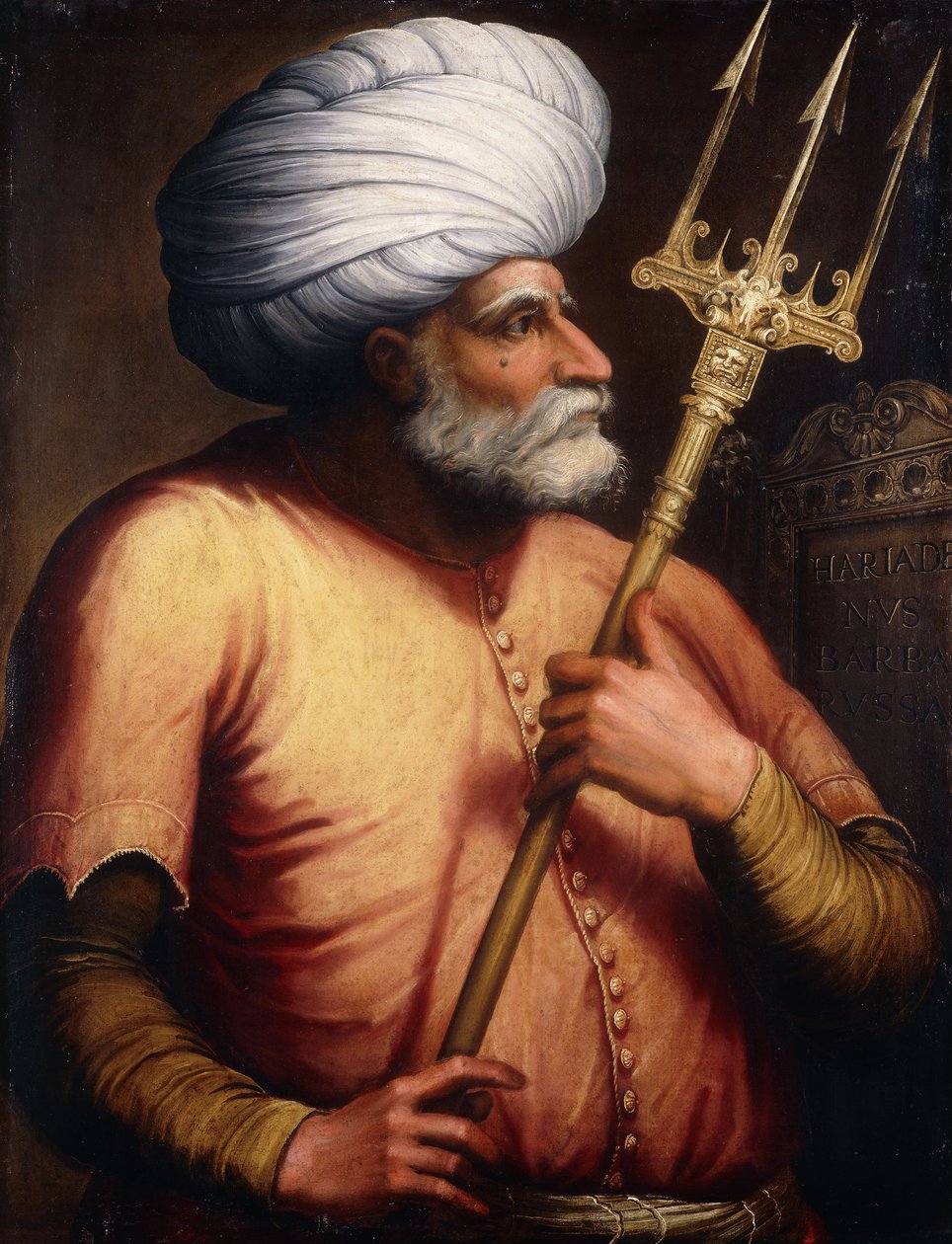 Khair el-Din Barbarossan muotokuva, puolipitkä, kädessään Trident, n. 1580 tekijältä Florentine School