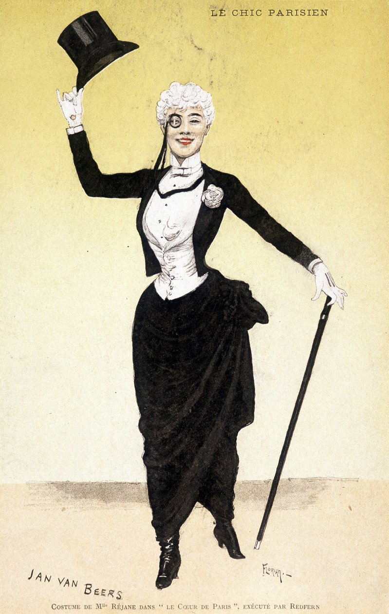 Pariisilainen chic (dandy - dandysme): Mademoiselle Réjanen puku elokuvassa ”Pariisin sydän”. Muotisuunnittelija Jan Van Beersin (1852-1927) puku, toteuttaja Redfern. Piirustus Florian. tekijältä Florian