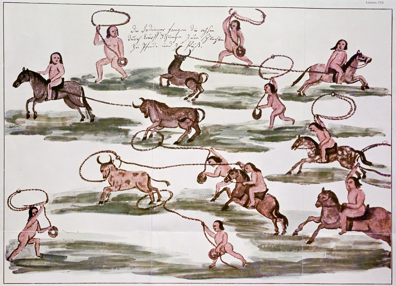 Intialainen Mocovi Method of Hunting, kuvitus kirjasta "Hacia alla y para aca" (värilitho) tekijältä Florian Paucke